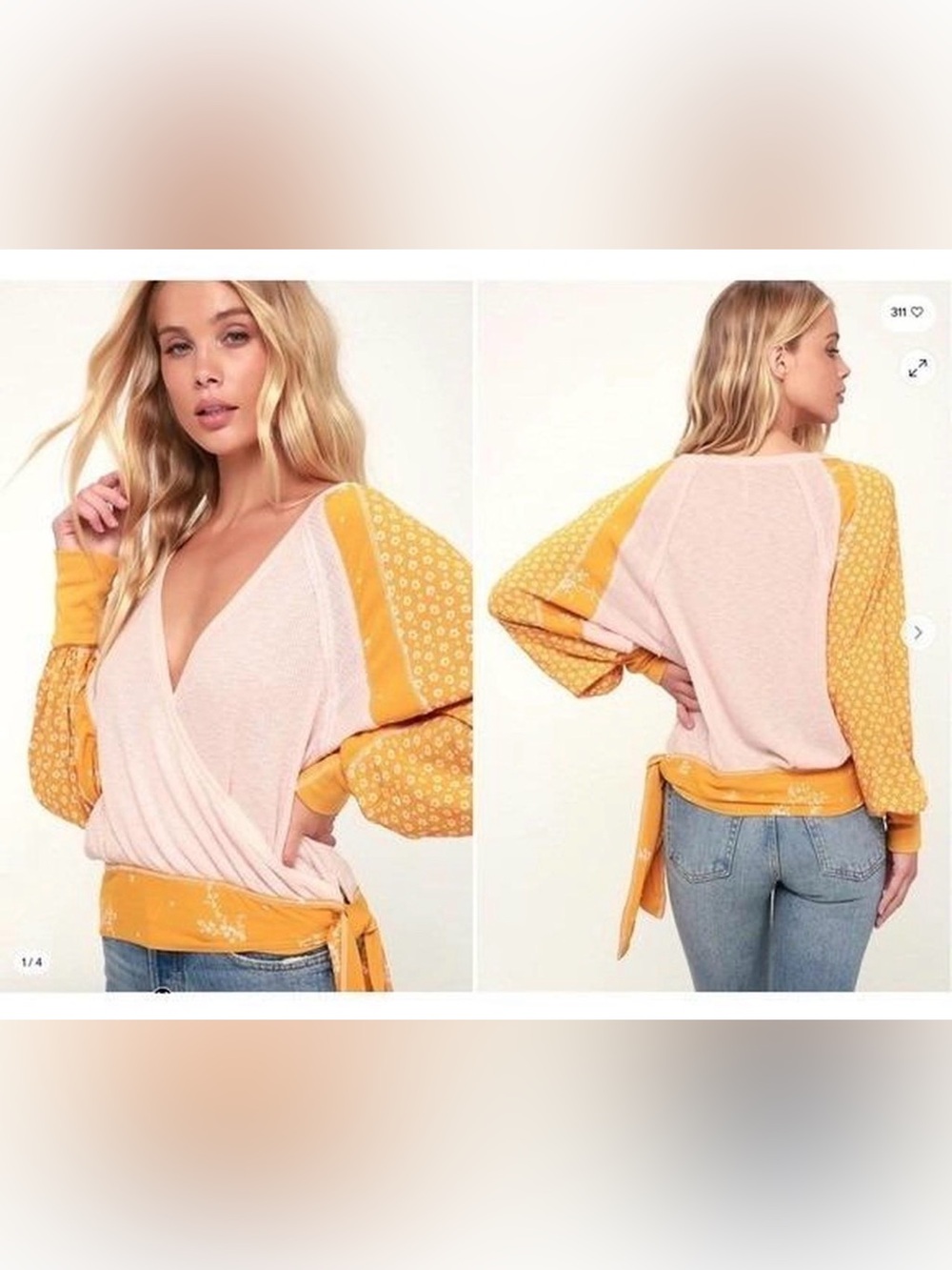 Free People Pink Wrap Tunic with Yellow Floral Balloon Sleeves